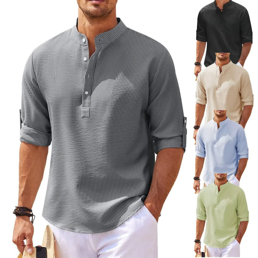 Camisa de cuello alto con botones y textura de piña de verano, ropa informal