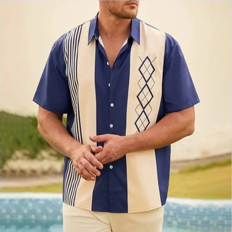 Camisa informal de manga corta con solapa y bloques de color a rayas
