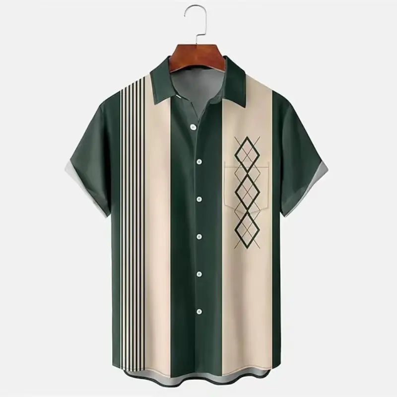 Camisa informal de manga corta con solapa y bloques de color a rayas