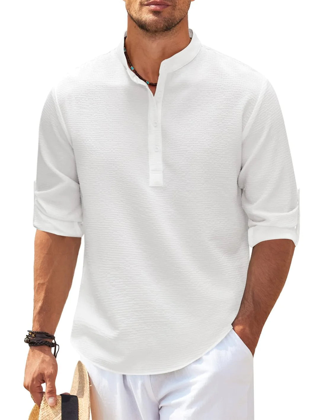 Camisa de cuello alto con botones y textura de piña de verano, ropa informal