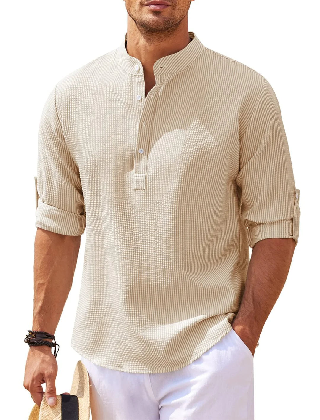Camisa de cuello alto con botones y textura de piña de verano, ropa informal