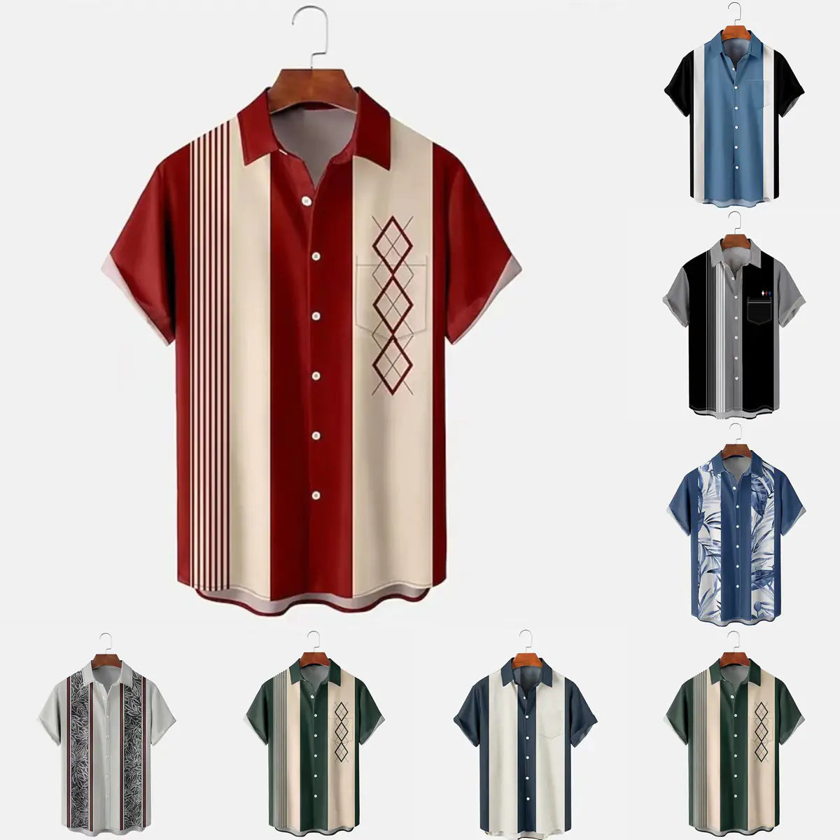 Camisa informal de manga corta con solapa y bloques de color a rayas