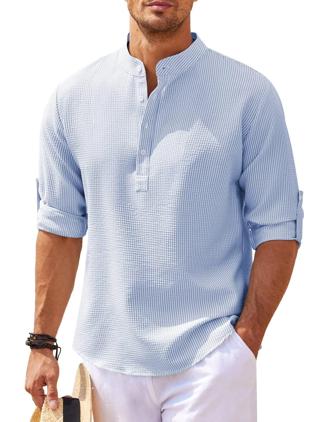 Camisa de cuello alto con botones y textura de piña de verano, ropa informal