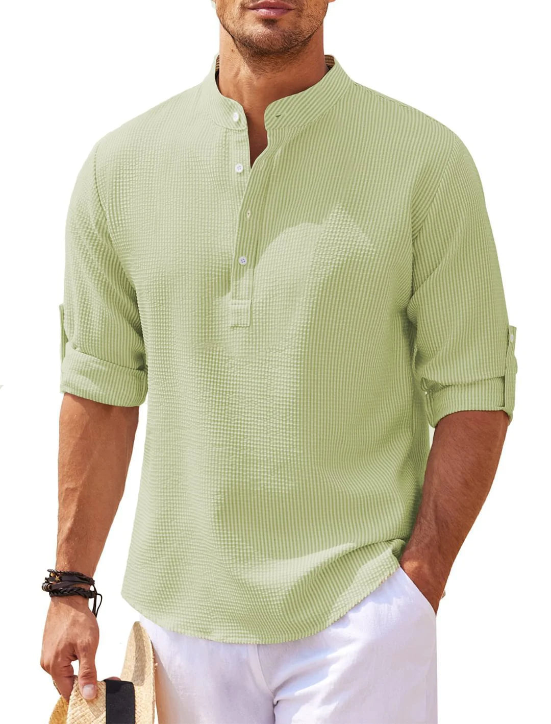 Camisa de cuello alto con botones y textura de piña de verano, ropa informal