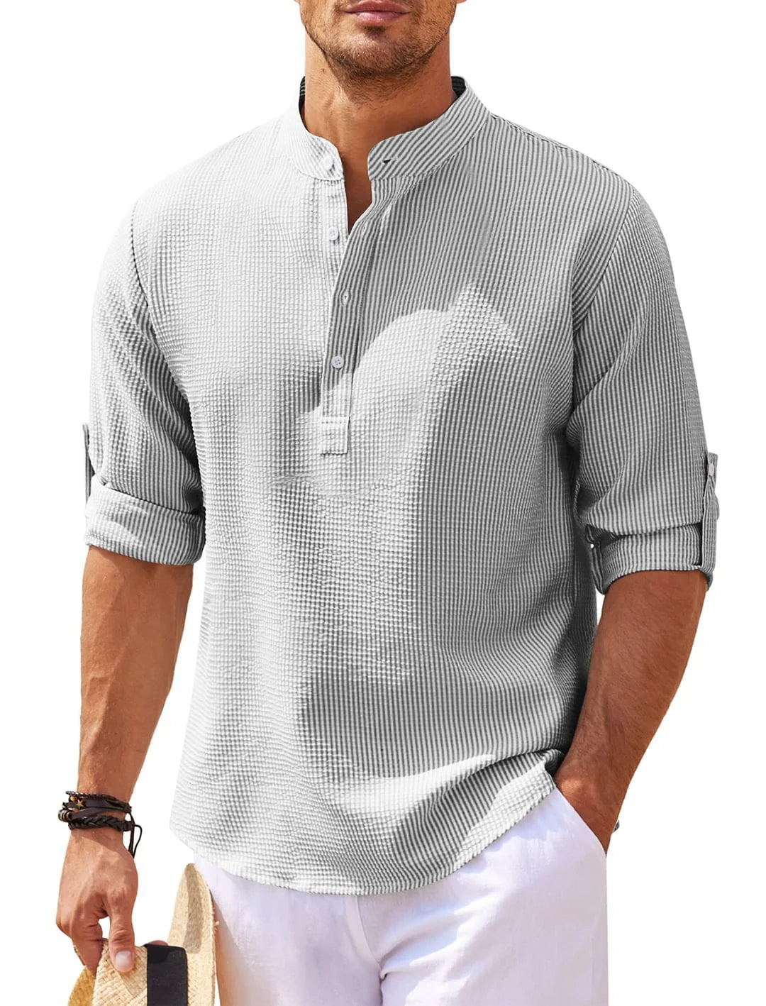 Camisa de cuello alto con botones y textura de piña de verano, ropa informal