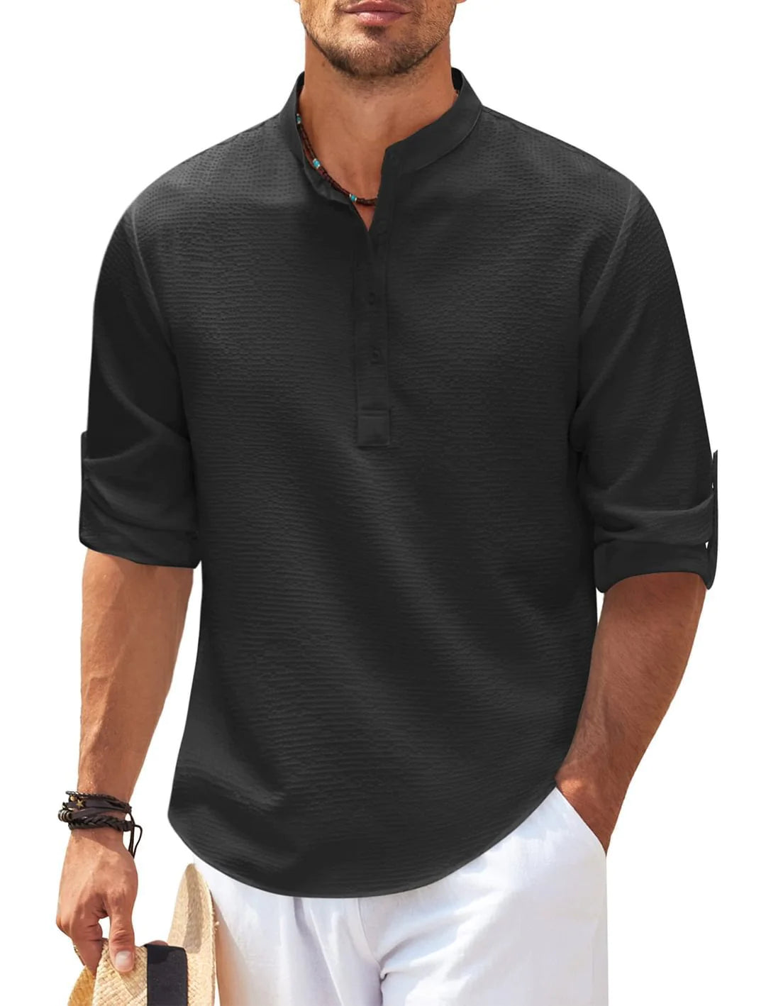 Camisa de cuello alto con botones y textura de piña de verano, ropa informal