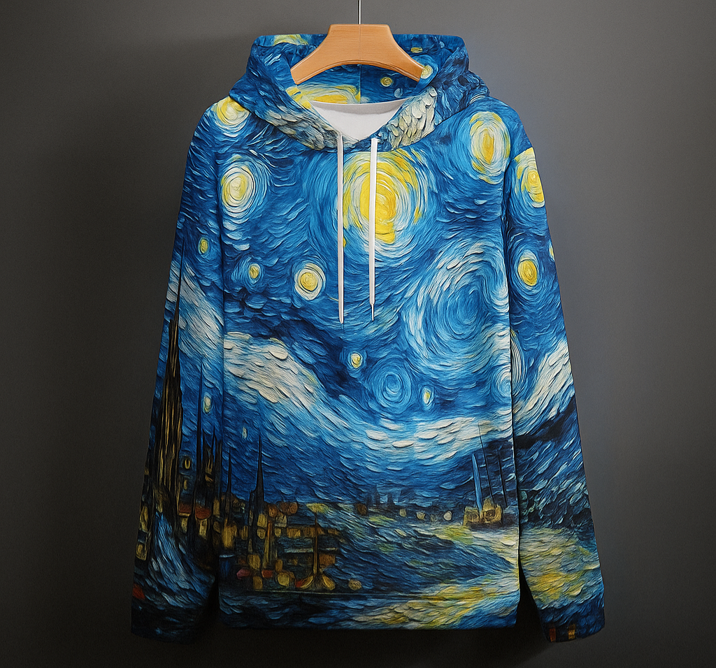 Suéter con capucha y estampado artístico