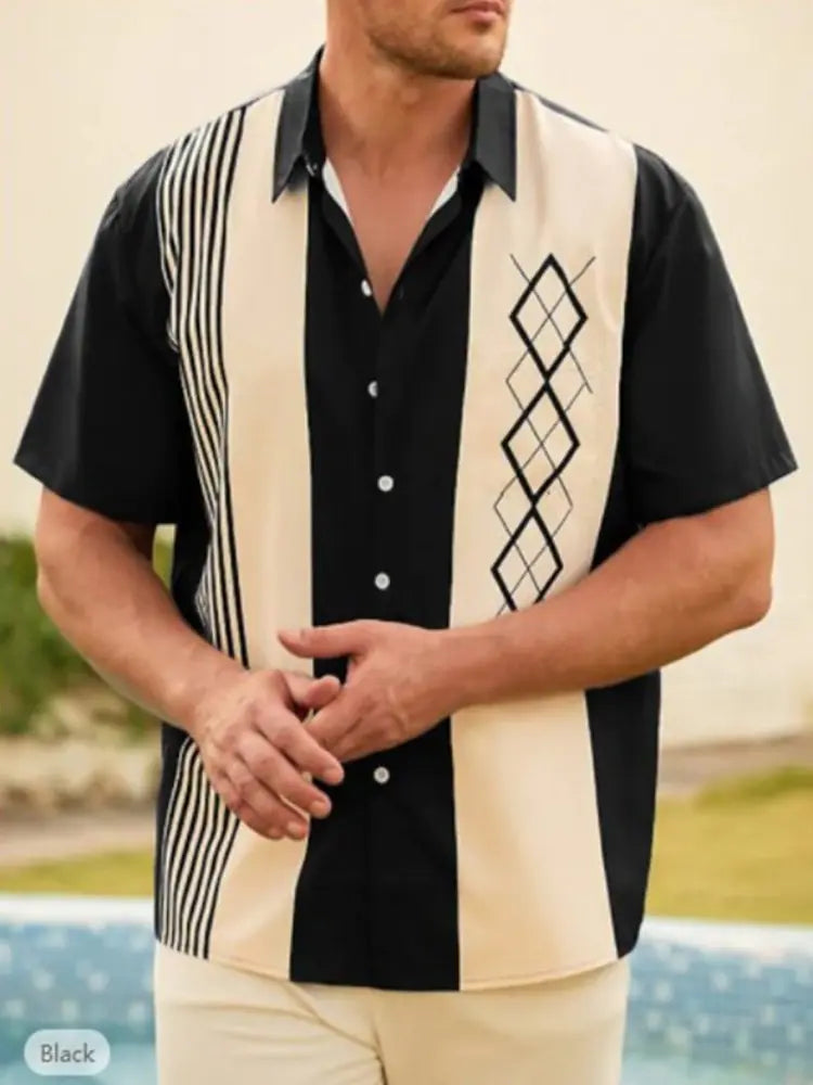 Camisa informal de manga corta con solapa y bloques de color a rayas