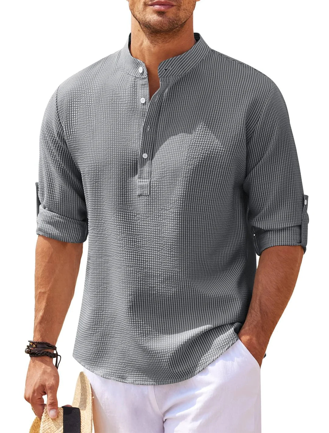 Camisa de cuello alto con botones y textura de piña de verano, ropa informal